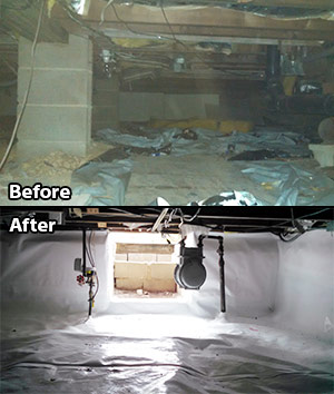 Crawl space insulation before and after